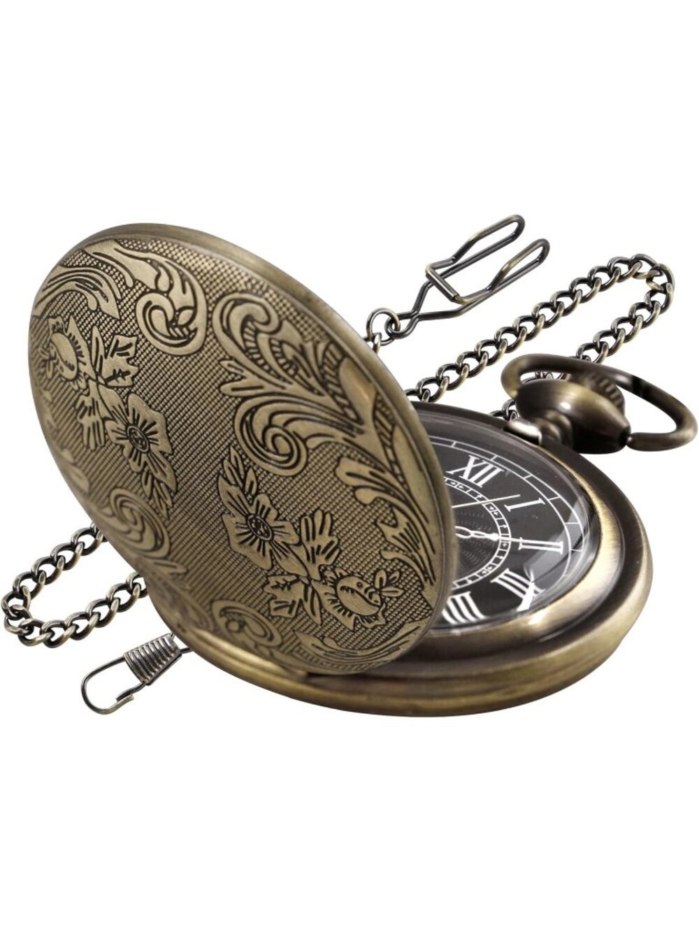 Men's Brown Analog Quartz Flower Arabic Numerals Movement Chain Pocket Watch